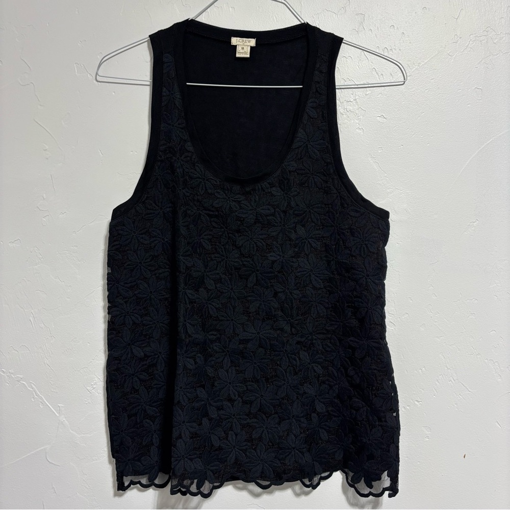 J. Crew Factory Women's Medium Sleeveless Flowy Blouse Embroidered Floral Black